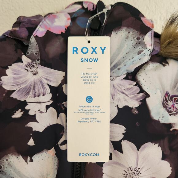 Roxy Girls Size 14/XL Floral Black Faux Fur‎ Snow Jacket NWT - Picture 6 of 6
